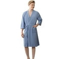Mens Waffle Kimono Bathrobe 3/4 Sleeve Knee Length Bath Robe Lightweight Loungewear with Pocket