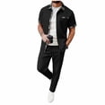 thumbnail image 1 of Mens Waffle Knit 2 Piece Sets Casual Short Sleeve Button Down Shirts and Loose Pants Summer Beach Vacation Outfits Black, 1 of 9