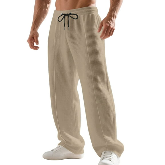 Mens Waffle Knit Casual Pants Elastic Waist Solid Color Straight Leg Pants Lightweight Sweatpants