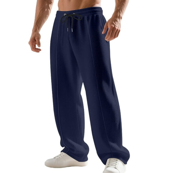 Mens Waffle Knit Casual Pants Elastic Waist Solid Color Straight Leg Pants Lightweight Sweatpants