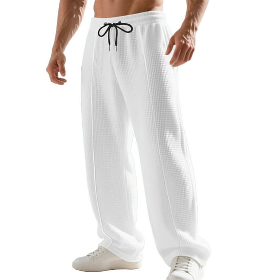 Mens Waffle Knit Casual Pants Elastic Waist Solid Color Straight Leg Pants Lightweight Sweatpants