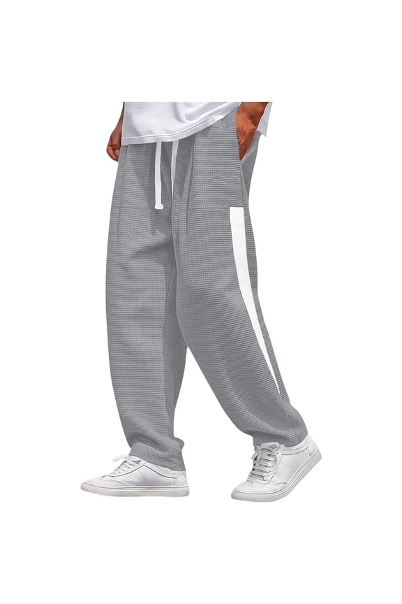 Mens Waffle Knit Color Block Wide Leg Sweatpants Comfy Drawstring Straight Leg Baggy Lounge Pants with Pockets,Gray,L