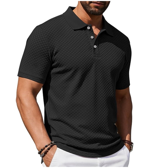 Mens Waffle Knit Golf Shirt Short Sleeve Collared Modern Fit Summer Business Casual Button Down Quick Dry Athletic Pullover Shirts, Soft Stretch Lightweight Breathable Tees for Daily Wear