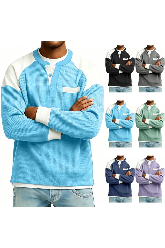 Mens Waffle Knit Henley Shirt Casual Long Sleeve Raglan Tee Color Block Pullover Sweater for Fall Winter Travel with a Chest Pocket, Light Blue, M
