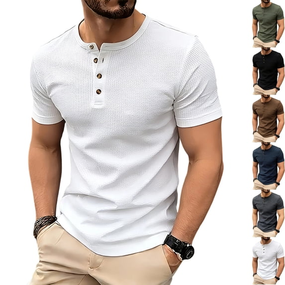 Mens Waffle Knit Henley T Shirts Short Sleeve Casual Textured Muscle Slim Fit Pullover Soft Stretch Workout Athletic Tee Summer Fashion Basic Solid Color Tops