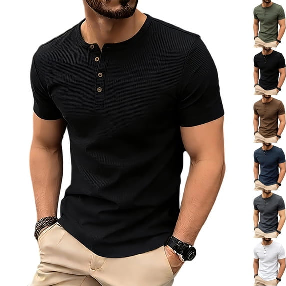 Mens Waffle Knit Henley T Shirts Short Sleeve Casual Textured Muscle Slim Fit Pullover Soft Stretch Workout Athletic Tee Summer Fashion Basic Solid Color Tops