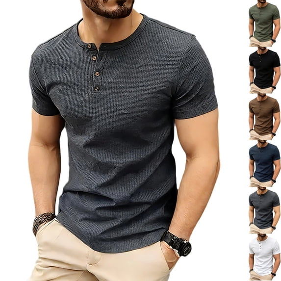 Mens Waffle Knit Henley T Shirts Short Sleeve Casual Textured Muscle Slim Fit Pullover Soft Stretch Workout Athletic Tee Summer Fashion Basic Solid Color Tops
