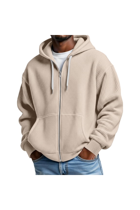 Mens Waffle Knit Hoodies Full Zip Up Long Sleeve Drawstring Hooded Sweatshirts Loose Fit Comfort Stylish Jacket