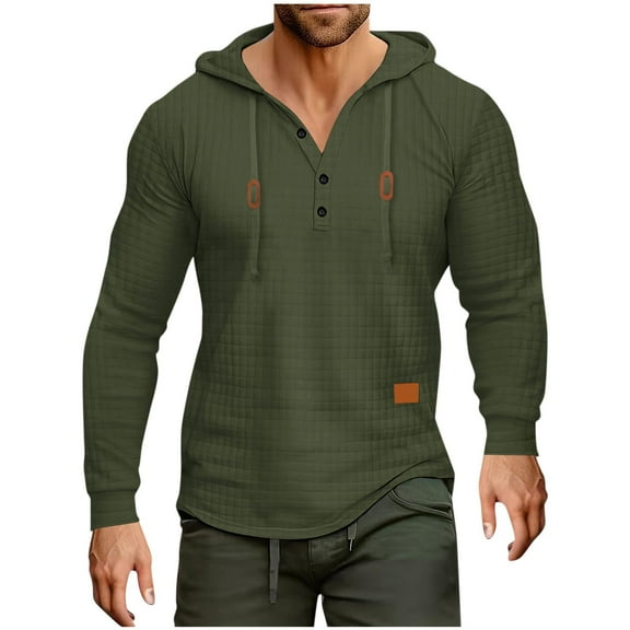 Mens Waffle Knit Hoodies Pullover Waffle Knit Hoodies Pullover Long Sleeve Solid Color Loose Top with Hood (Army Green 2XL)