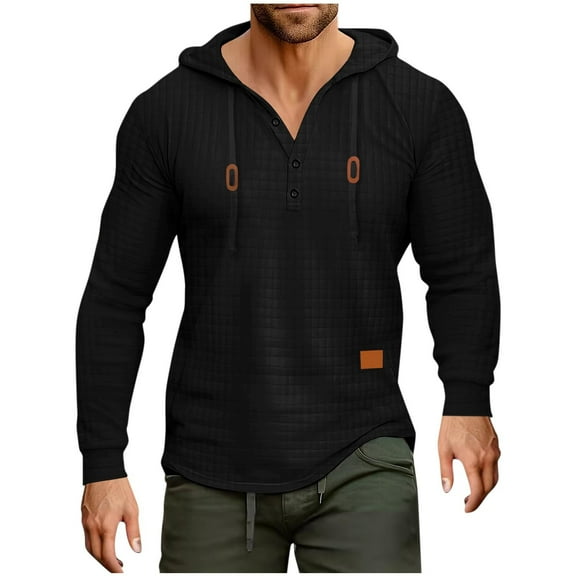 Mens Waffle Knit Hoodies Pullover Waffle Knit Hoodies Pullover Long Sleeve Solid Color Loose Top with Hood (Black XL)