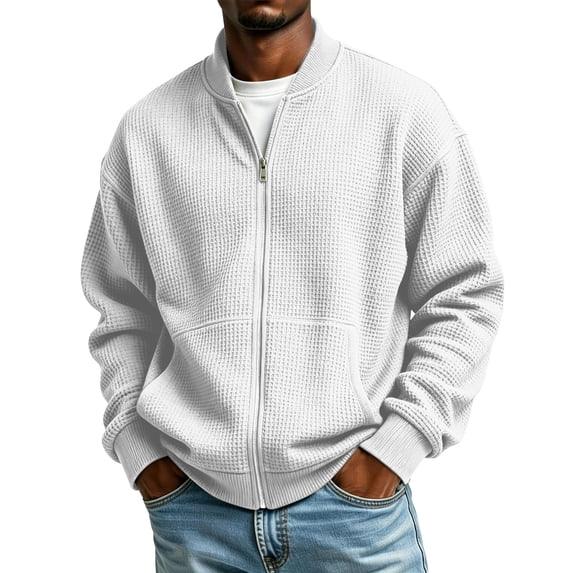 Mens Waffle Knit Jacket Stand Collar Full Zip Kangaroo Pocket Coat Mens Waffle Knit Jacket Stand Collar Full Zip Coat