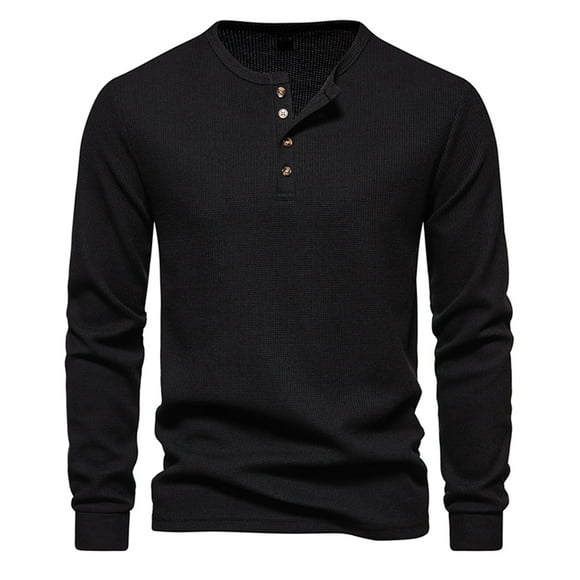 Mens Waffle Knit Long Sleeve Henley Shirt 4-buttons Casual Plain Tee Tshirt Pullover Fall Sweatshirt Top Blouses (Medium, Black)