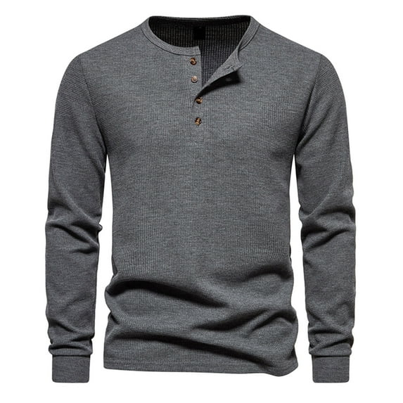 Mens Waffle Knit Long Sleeve Henley Shirt 4-buttons Casual Plain Tee Tshirt Pullover Fall Sweatshirt Top Blouses (X-Large, Dark Gray)
