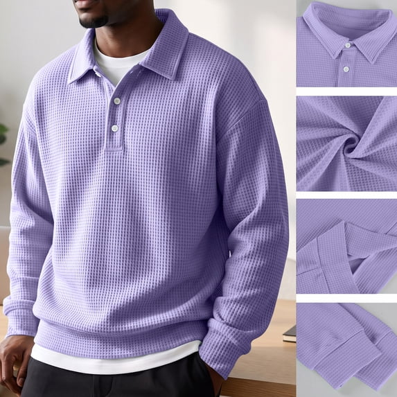 Mens Waffle Knit Polo Pullover Sweatshirt Long Sleeve Casual Textured Fall Sweater Top