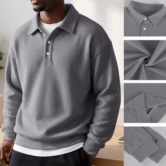 Mens Waffle Knit Polo Pullover Sweatshirt Long Sleeve Casual Textured Fall Sweater Top