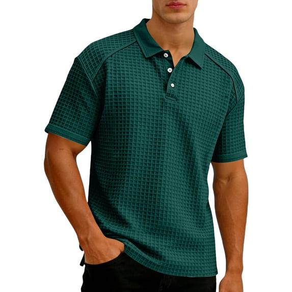 Mens Waffle Knit Polo Shirt Short Sleeve Button Down Pocket Tee Casual Summer Top Breathable Lightweight Golf Work Wear Dark Green 2XL