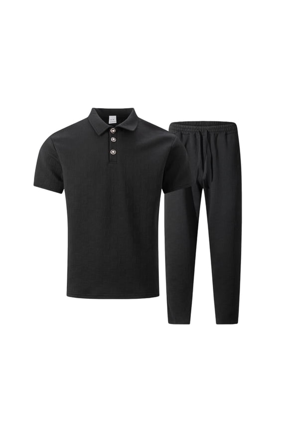Mens Waffle Knit Polo Shirt and Pants Set 2 Piece Summer Casual Tracksuit Outfit with Pockets Lightweight Lounge Wear