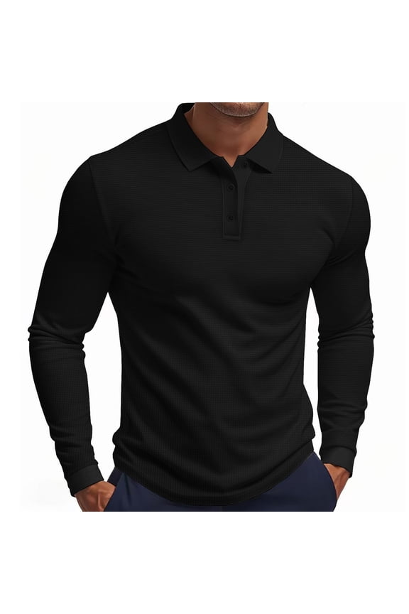 Mens Waffle Knit Polo Shirts Button Collared Long Sleeve Polo T Shirts Casual Slim Fit Office Work Golf Shirt