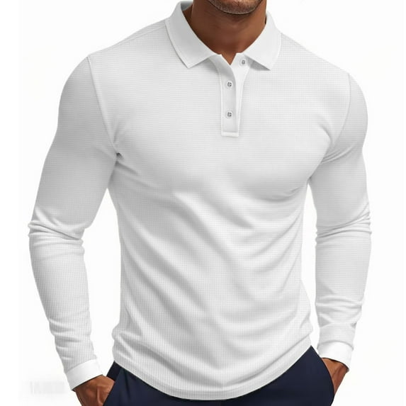 Mens Waffle Knit Polo Shirts Button Collared Long Sleeve Polo T Shirts Casual Slim Fit Office Work Golf Shirt