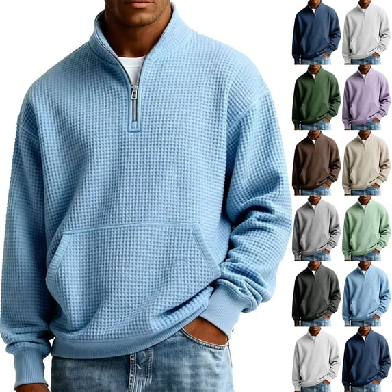 Mens Waffle Knit Quarter Zip Pullover Relaxed Fit Corduroy Polo Sweatshirt Long Sleeve Mock Turtleneck Casual Pullover with Pocket Blue 2XL