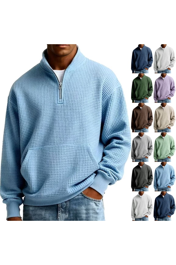 Mens Waffle Knit Quarter Zip Pullover Relaxed Fit Corduroy Polo Sweatshirt Long Sleeve Mock Turtleneck Casual Pullover with Pocket Blue M