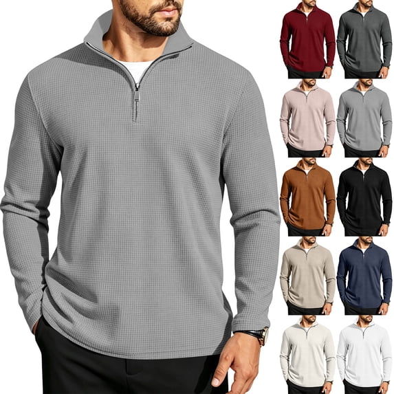 Mens Waffle Knit Quarter Zip Pullover Tops Stand Collar Long Sleeve Loose Daily Golf Workout Sweatshirts Black XL