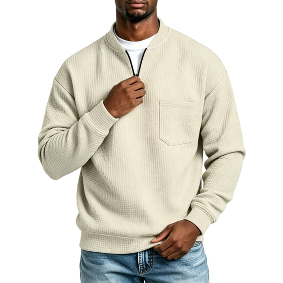 TKKCS Mens Waffle Knit Quarter Zip Sweatshirts Relaxed Fit Long Sleeve Casual Stand Collar Pullover Tops with Chest Pocket Beige 2XL