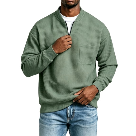 TKKCS Mens Waffle Knit Quarter Zip Sweatshirts Relaxed Fit Stand Collar Casual Long Sleeve Pullover Tops with Chest Pocket Green XL