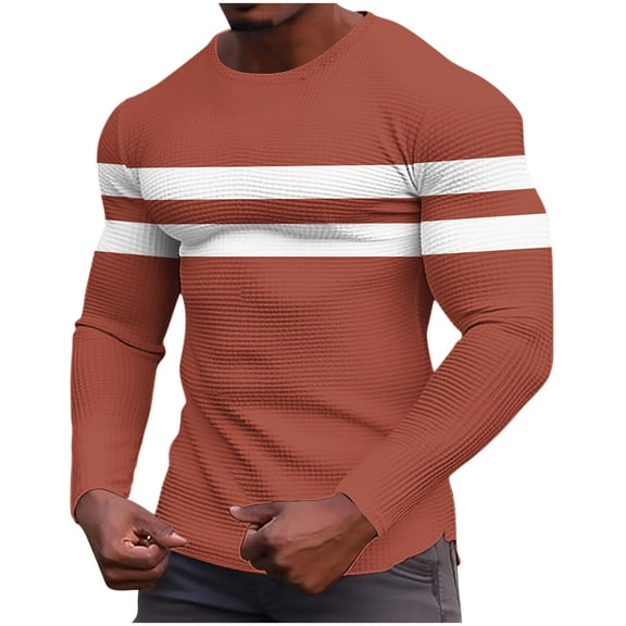 Mens Waffle Knit Shirt Striped Graphic Long Sleeve Thermal Pullover Stretch Crewneck Top Gym Loungewear