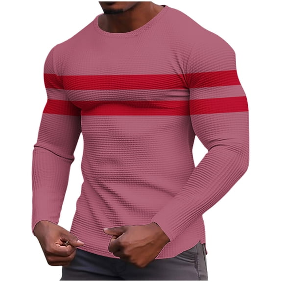 Mens Waffle Knit Shirt Striped Graphic Long Sleeve Thermal Pullover Stretch Crewneck Top Gym Loungewear