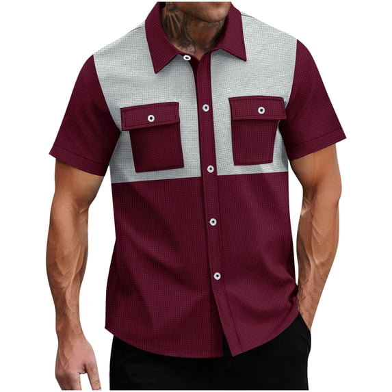 Mens Waffle Knit Short Sleeve Button Down Shirts Color Block Casual Summer Tops Regular Fit with Flap Pockets Vintage Resort Wear Father's Day Gift for Husband