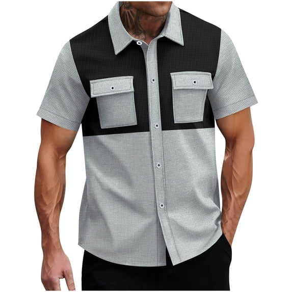 Mens Waffle Knit Short Sleeve Button Down Shirts Color Block Casual Summer Tops Regular Fit with Flap Pockets Vintage Resort Wear Father's Day Gift for Husband