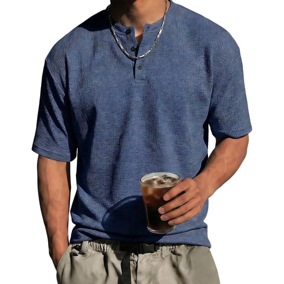 Mens Waffle Knit Short Sleeve Henley, Lightweight Athletic Fit Tee, Breathable Casual Wear for Summer & Gym, 3XL