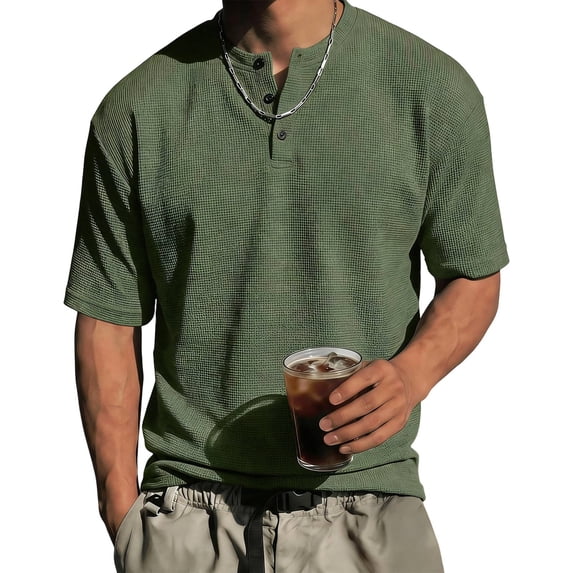 Mens Waffle Knit Short Sleeve Henley, Lightweight Athletic Fit Tee, Breathable Casual Wear for Summer & Gym, 3XL