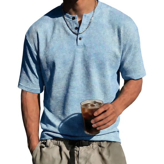 Mens Waffle Knit Short Sleeve Henley, Lightweight Athletic Fit Tee, Breathable Casual Wear for Summer & Gym, XL