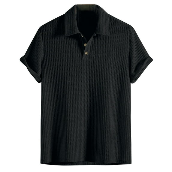 Mens Waffle Knit Short Sleeve s Shirts Button Up Loose Fit Casual Summer Tops Solid Color Beach Tshirts Black L