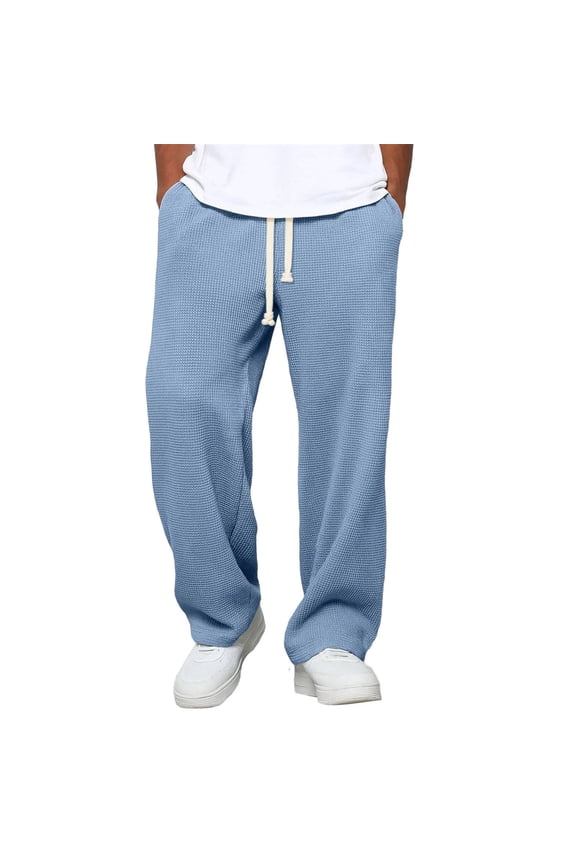 Mens Waffle Knit Sport Pants Elastic Waist Straight Leg Casual Work Pant Lightweight Loose Fashion Drawstring Trouser with Pocket