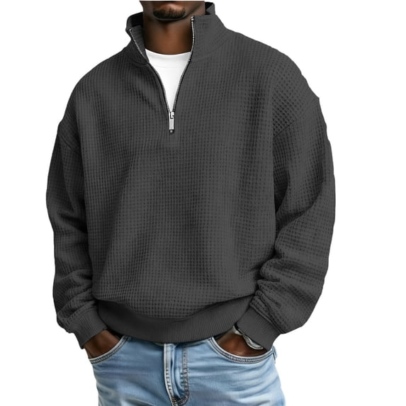 Mens Waffle Knit Sweatshirts Quarter Zip Trendy Stand Collar Oversized Sweaters Casual Long Sleeve Stylish Tops Outdoor (XL, Dark Gray#C)