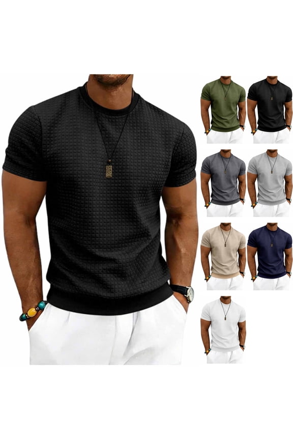Mens Waffle Knit T-Shirt Short Sleeve Muscle Slim Fit Banded Hem Top Crew Neck Workout Pullover Summer Fashion Lightweight Soft Stretch Athletic Tee Bodybuilding