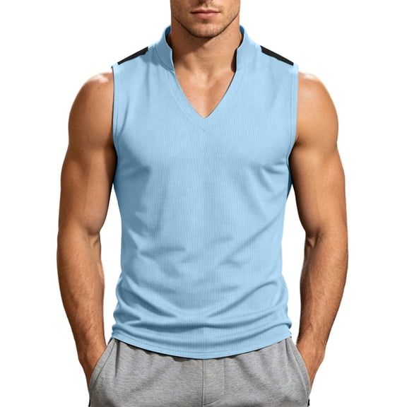 Mens Waffle Knit Tank Tops Casual Sleeveless Shirts Stand Collar Nocch V Neck Tank T-Shirt Summer Loose Muscle Shirts
