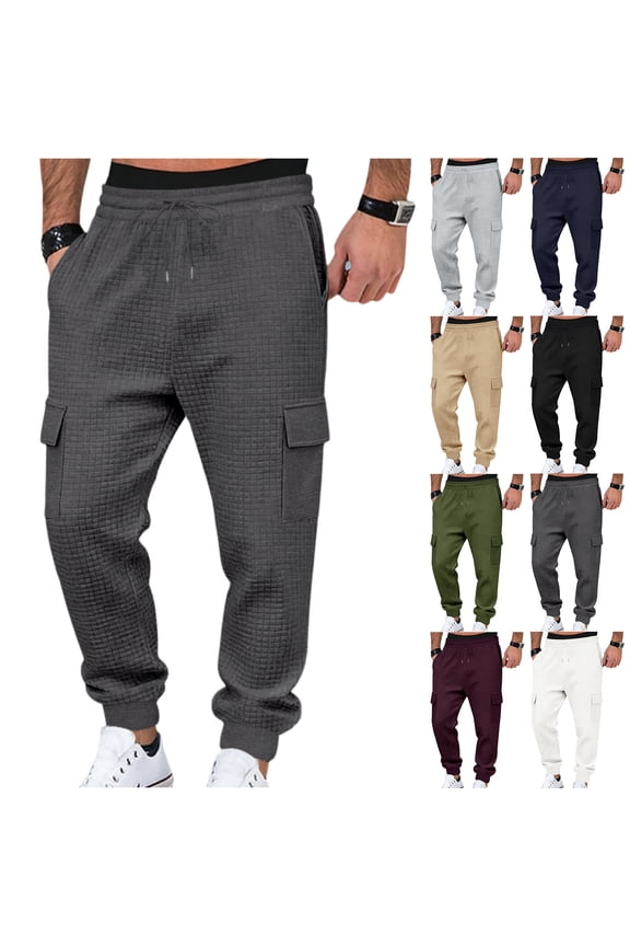 Mens Waffle Knit Textured Cargo Pants Casual Tapered Sweatpants Elastic Waist Drawstring Travel Hiking Lounge Trousers White 3XL