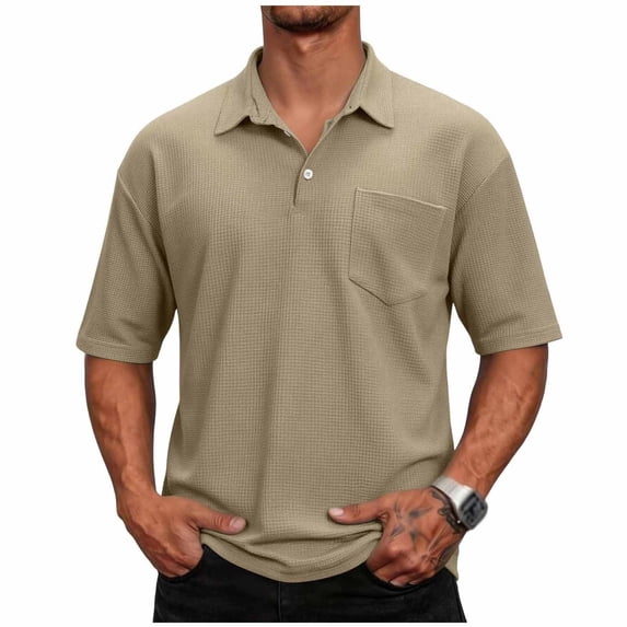 Mens Waffle Knited Polo Shirts Short Sleeve Quick Dry Jacquard Performance Moisture Wicking Casual Pocket Golf Shirts for Men Big and Tall Size M-3XL Khaki