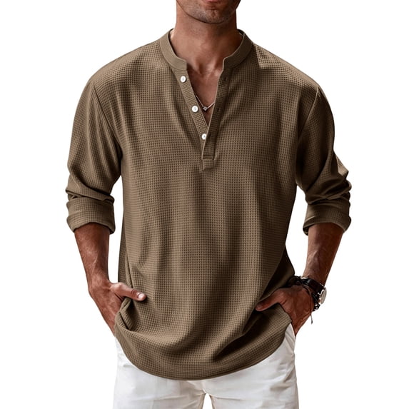 Mens Waffle Long Sleeve Retro Shirt Casual Button Down Thermal Henley Shirts Lightweight Plain Fall Tshirts Pullover 3XL