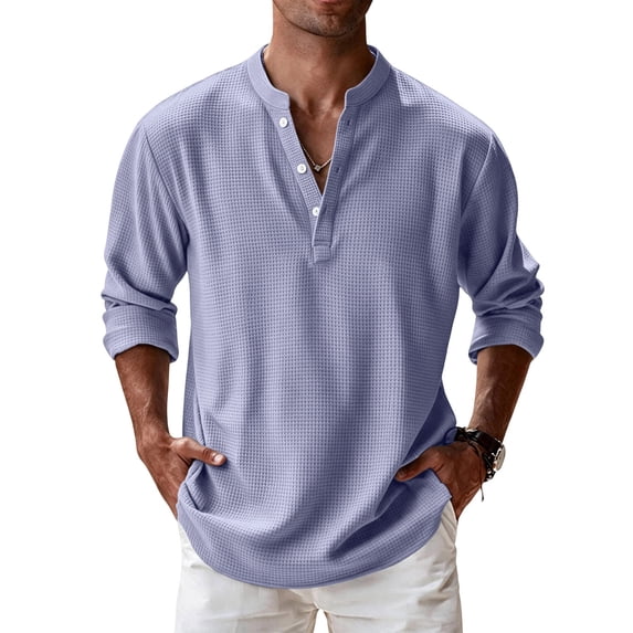 Mens Waffle Long Sleeve Retro Shirt Casual Button Down Thermal Henley Shirts Lightweight Plain Fall Tshirts Pullover L
