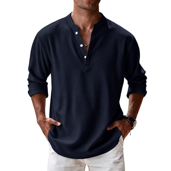 Mens Waffle Long Sleeve Retro Shirt Casual Button Down Thermal Henley Shirts Lightweight Plain Fall Tshirts Pullover L