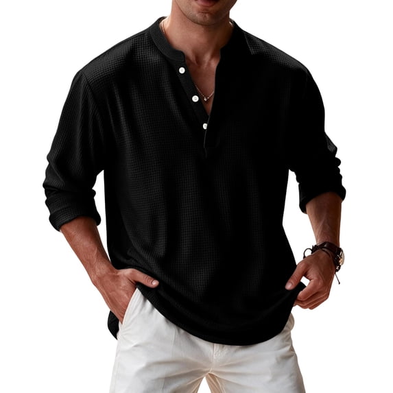 Mens Waffle Long Sleeve Retro Shirt Casual Button Down Thermal Henley Shirts Lightweight Plain Fall Tshirts Pullover XL