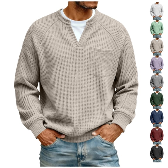 Mens Waffle Long Sleeve Shirt Big and Tall V Neck Shirts Warm Quilted Pullover Shirts Plain Relaxed Fit Knit Tops