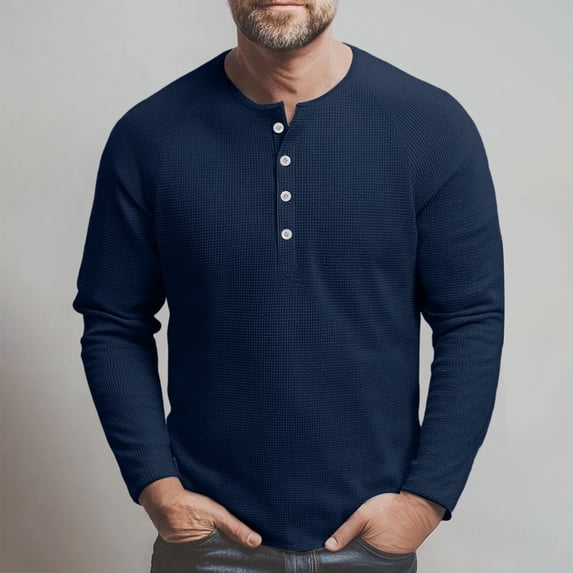 Mens Waffle Long Sleeve Shirt Casual Button Down Thermal Henley Shirts Lightweight Plain Fall Tshirts Pullover