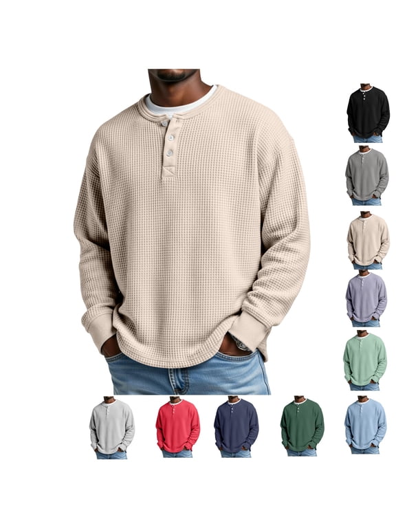 Mens Waffle Long Sleeve Sweatshirt Slim Fit Henley Thermal Shirts Casual Lightweight Comfort Oversized Tshirts