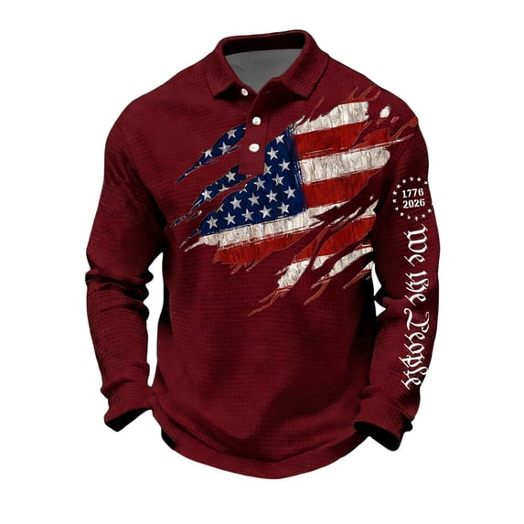Men's 250Th Anniversary US Flag Print Casual Waffle Polo Shirts Button Long Sleeve 4th of July Patriotic Tee